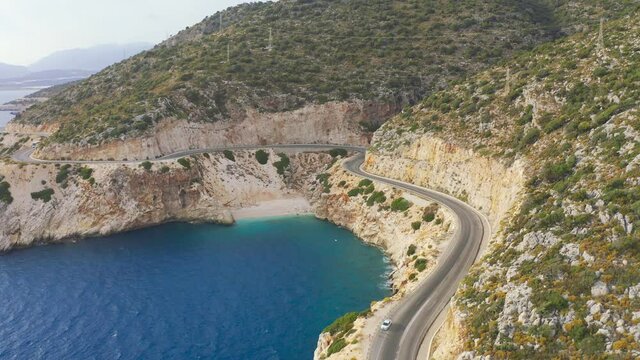 Aerial view sea, cove and beach landscape on Finike - Demre higway, Kas, Antalya, Turkey. Holiday, travel and tourism concept. Aerial view 4K.