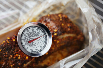 Thermometer measuring temperature of meat in sleeve. Inscription in German: 
