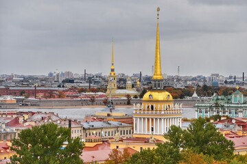 The Admiralty and The Peter & Paul Fortress spire during autumn rain, Saint Petersburg, Russia