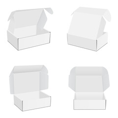 Set of Square Mailing Cardboard Boxes with Opened Lid, Front, Side, Back View, Isolated on White Background. Vector Illustration
