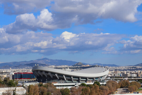 Famous public peace and friendship stadium or SEF with beautiful clouds in the heart of Piraeus, Attica, Greece
