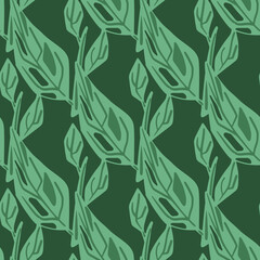 Decorative seamless pattern with simple contoured leaf elements. Green artwork.