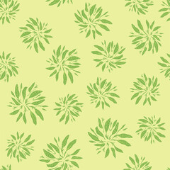 Tropical simple leaves silhouettes seamless random pattern. Light yellow background. Cartoon foliage print.