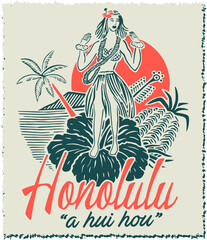 Vector print designs with Hawaii, tropical, surf, tiki mask themed. © athyra