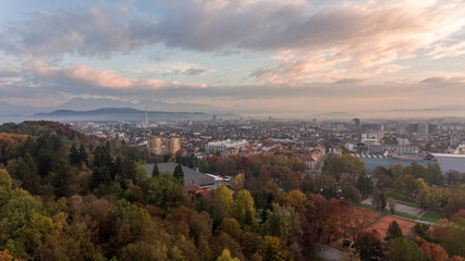 Spectacular morning panoramic city view of Ljubljana.