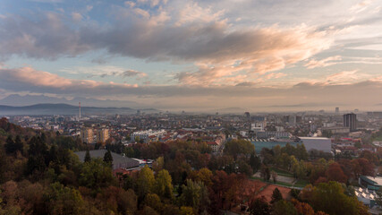 Fototapeta premium Spectacular morning panoramic city view of Ljubljana.
