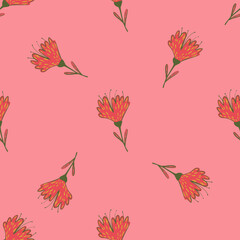 Random seamless pattern in minimalistic style with red flowers on pink background.