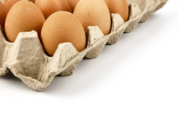 Close up Fresh organic natural brown Chicken eggs in paper tray isolated on white background.Healthy and Natural Food concept