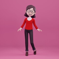 Happy glasses girl standing on pink background, 3d rendering, 3d illustration.
