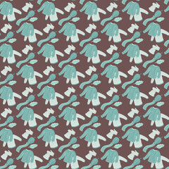 Seamless knitted clothes pattern with sweater, mittens, hat and scarf print. Brown background. Xmas backdrop.
