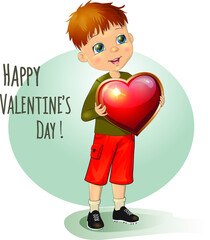 Adorable kid child in cartoon style holding a heart. Happy Valentine's Day with a cute boy.  Character for congratulation with wedding, birthday card and poster. Vector illustration isolated clipart