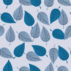 Decorative seamless pattern with blue colored foliage shapes. Leaves backdrop.