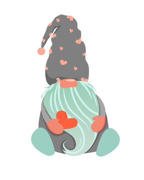 Cute gnome in a scandinavian style on a white background. Gnome in a hat with hearts and a blue beard. Character with a beard and a hat with hearts. The gnome is holding a valentine.