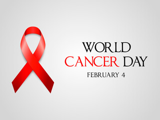 Illustration Of 4 February World Cancer Day Poster Or Background. Red Ribbon on Grey Background