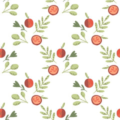 Isolated seamless patern with green leaf branches and red apples print. White background.