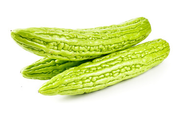 Momordica charantia balsam apple, balsam pear, bitter cucumber, bitter gourd, bitter melon tropical herb isolated on white background.Health and medical concept