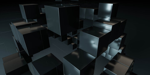 abstract minimalistic design black cubes arranged in space on black background 3d render illustration