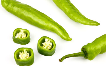 fresh green banana peppers or sweet peppers (capsicum annuum) isolated on a white background