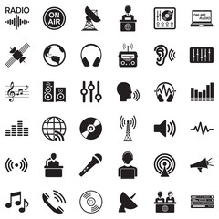 Radio Station Icons. Black Flat Design. Vector Illustration.