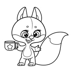 Cute cartoon baby fox holding a cup in paws outlined for coloring on white background
