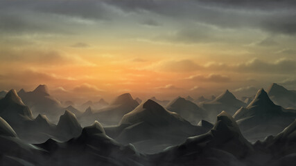 Background of rocky mountains that stretch to the horizon in a twilight environment. Fantasy landscape. Digital painting illustration