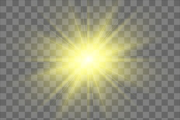 Yellow glowing light explodes on a transparent background. Sparkling magical dust particles. Bright Star. Transparent shining sun, bright flash. Vector sparkles. To center a bright flash