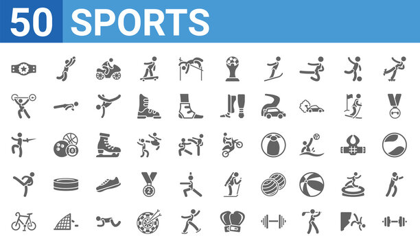 Set Of 50 Sports Web Icons. Filled Glyph Icons Such As Weighted Bars,champion Belt,race Bike,taekwondo,oriental Man With A Sword,weight Lifting,brazilian,motocross. Vector Illustration