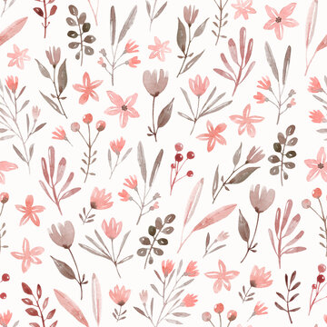 Hand drawn watercolor seamless pattern. Wild plants, wild flowers. Cute meadow with different plants and flowers. Pink background.