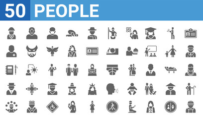 set of 50 people web icons. filled glyph icons such as technician,aviation,juggling ball,spanish man,pencil and notebook,pacient,old man,baby diaper. vector illustration