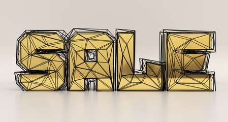 3d sale gold text, surrounded by black plexus grid, on white background. 3d render illustration