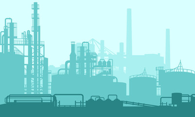 Vector illustration of a chemical processing plant with pipelines and chimneys. Suitable for design background elements from energy companies, power plants, and production plants. Oil and gas energy.