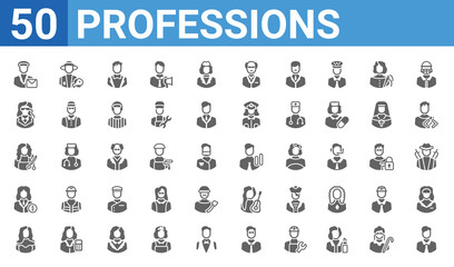set of 50 professions web icons. filled glyph icons such as politician,postman,model,financial manager,hairdresser,bouncer,fisherman,statistician. vector illustration