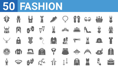 set of 50 fashion web icons. filled glyph icons such as closed briefcase,tux,hazmat,diamond,heart pendant,samurai helmet,trousers with side pockets,tailor. vector illustration