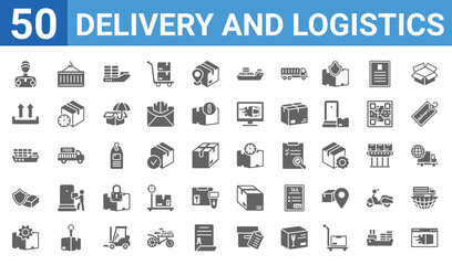 Fototapeta na wymiar set of 50 delivery and logistics web icons. filled glyph icons such as delivery by website,courier,delivery settings,logistic protection,cargo ship,side up,container hanging,delivery time. vector