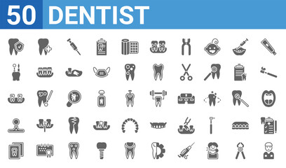 set of 50 dentist web icons. filled glyph icons such as male nurse,prophylaxis,dental x ray,headlamp,dental plaque,dental hook,aid,healthy tooth. vector illustration
