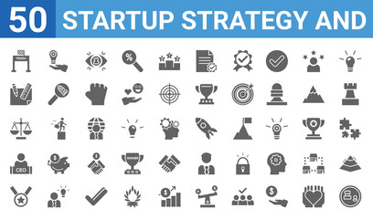 set of 50 startup strategy and web icons. filled glyph icons such as strategy game,finish line,gold medal,ceo,balance,de,project,rocket. vector illustration