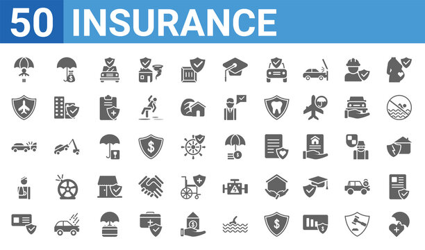 set of 50 insurance web icons. filled glyph icons such as life insurance,child,payment protection,accident,rear end collision,air travel insurance,savings,protection. vector illustration