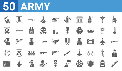 set of 50 army web icons. filled glyph icons such as military knife,rebellion,military strategy,militar radar,salute,general,lieutenant,veteran. vector illustration