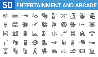 set of 50 entertainment and arcade web icons. filled glyph icons such as festival,game console,game over,voice acting,pinball,gameboy,bingo,ferris wheel. vector illustration