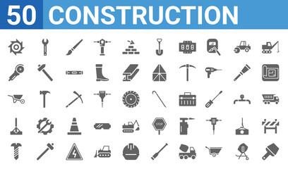 Obraz premium set of 50 construction web icons. filled glyph icons such as putty knife,blade saw,screw,bump cutter,wheelbarrow,grinder,spanner,crowbar. vector illustration
