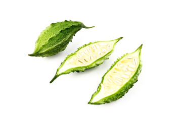 Balsam apple, Bitter cucumber, Bitter gourd, Balsam pear (momordica charantia) isolated on white background.