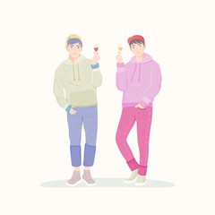 Happy  Asian men doing finger heart, sign of love. Korean cute cartoon character.