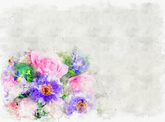 Fototapeta na wymiar water color pastel flower on sand stone texture paper.