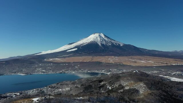 富士山　空撮　山中湖　ドローン空撮　冬景色