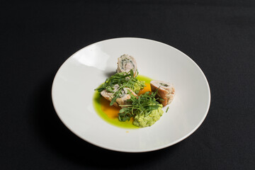 meatloaf on a white plate. black tablecloth