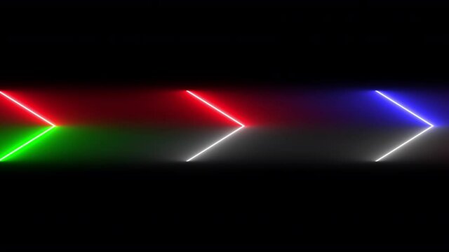 Colorful abstract blurred motion of neon line blaze glowing flashing arrow head animation loop moving random on a black background. 