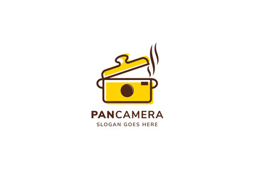pan camera logo design template. doodle style use brown and yellow colors. isolated on white background.