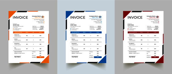 Invoice minimal design template. Bill form business invoice accounting. Modern and creative corporate business invoice template | Company business invoice template with color variation bundle