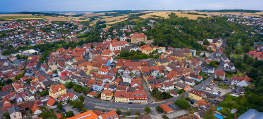 Aerial view of the old town of the city Arnstein in Germany, Bavaria on a late spring afternoon