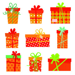 Set of colorful vector gift boxes with bows and ribbons.Flat surprise box with bows on holiday. Set of giftbox, present icon for birthday